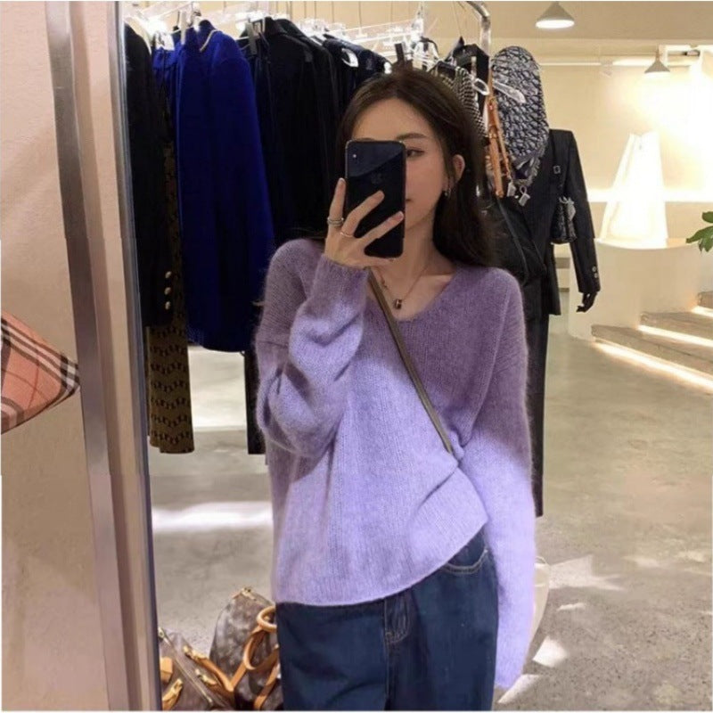 Women Oversize V-neck Mohair-look Pullover with Angora-look and dropped shoulder Mune Fashion