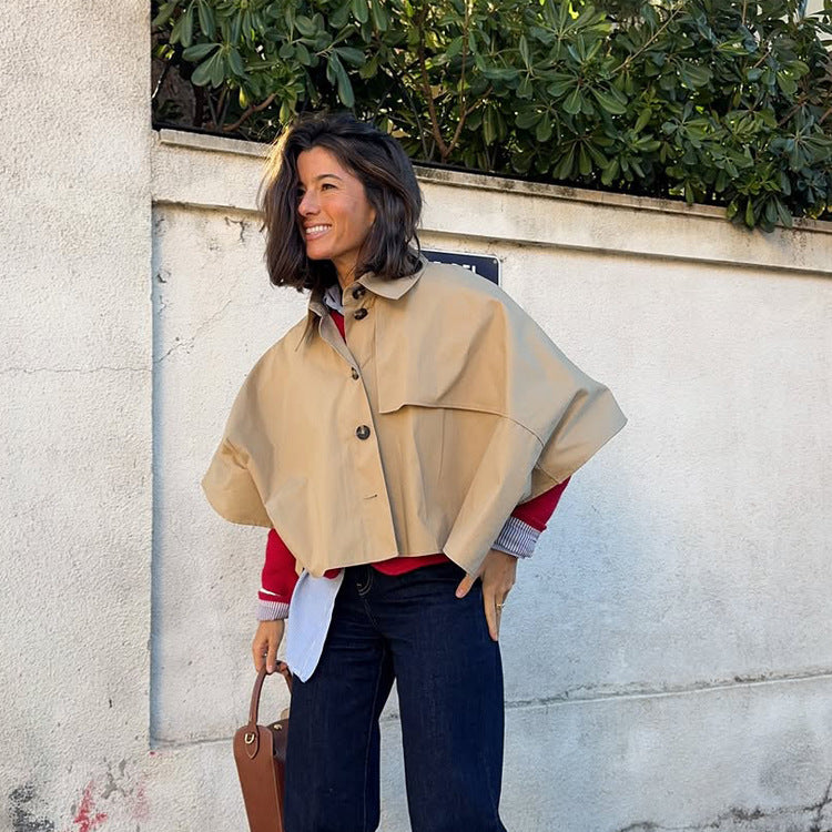 Women's short water-repellent cape jacket in trench style with wide lapel collar Mune Fashion