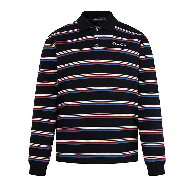 Men's Long Sleeve Polo Shirt with Retro Stripes, Ribbed Cuffs and Button Placket Mune Fashion