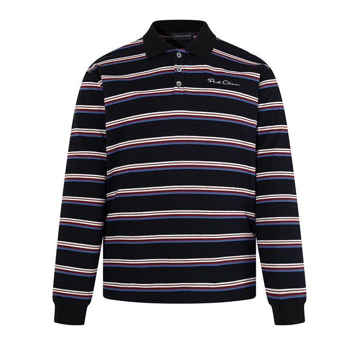 Men's Long Sleeve Polo Shirt with Retro Stripes, Ribbed Cuffs and Button Placket Mune Fashion