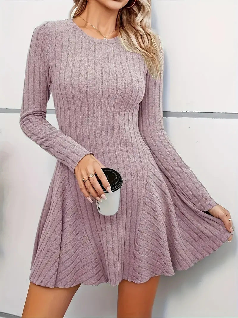 Women's Ribbed V-Neck Mini Dress with Flared Skirt and Patch Pockets Mune Fashion