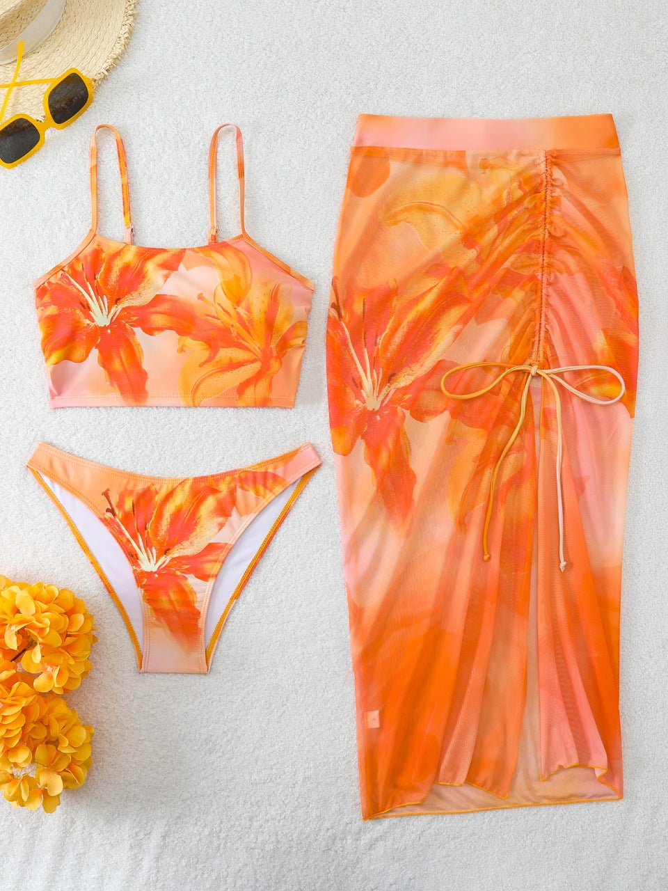 Women's bikini set with floral balconette top and transparent wrap skirt Mune Fashion