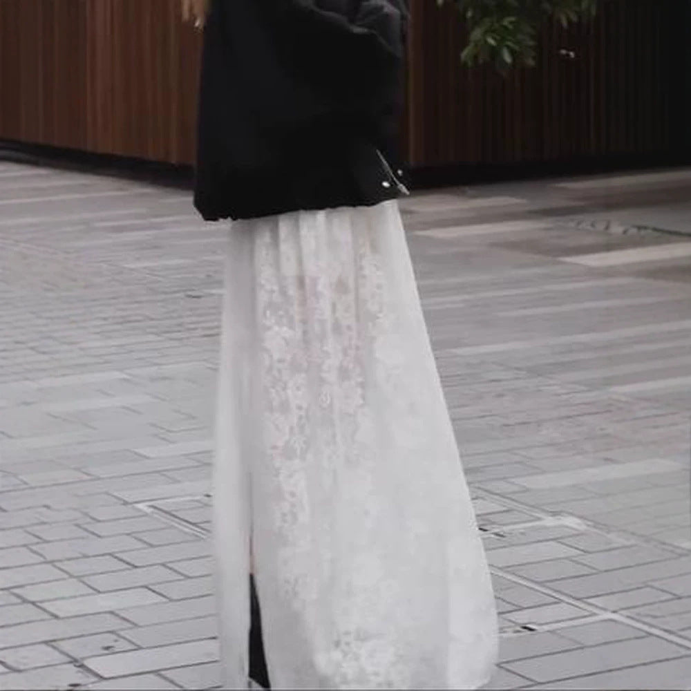 Women’s maxi skirt made of transparent lace with high slit and elastic waistband Mune Fashion
