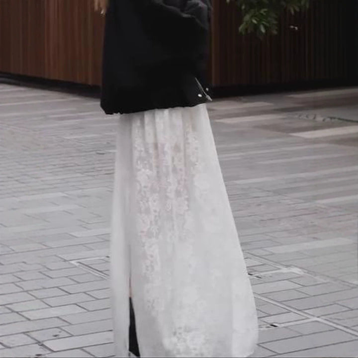 Women’s maxi skirt made of transparent lace with high slit and elastic waistband Mune Fashion