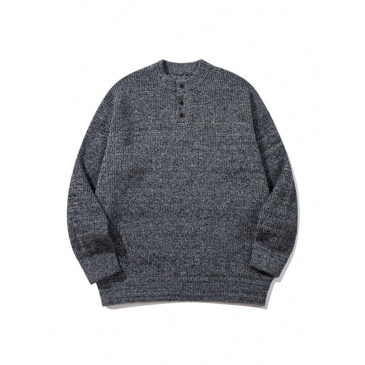 Unisex Oversize Chunky Knit Henley Sweater with Melange Structure and Ribbed Finishes Mune Fashion