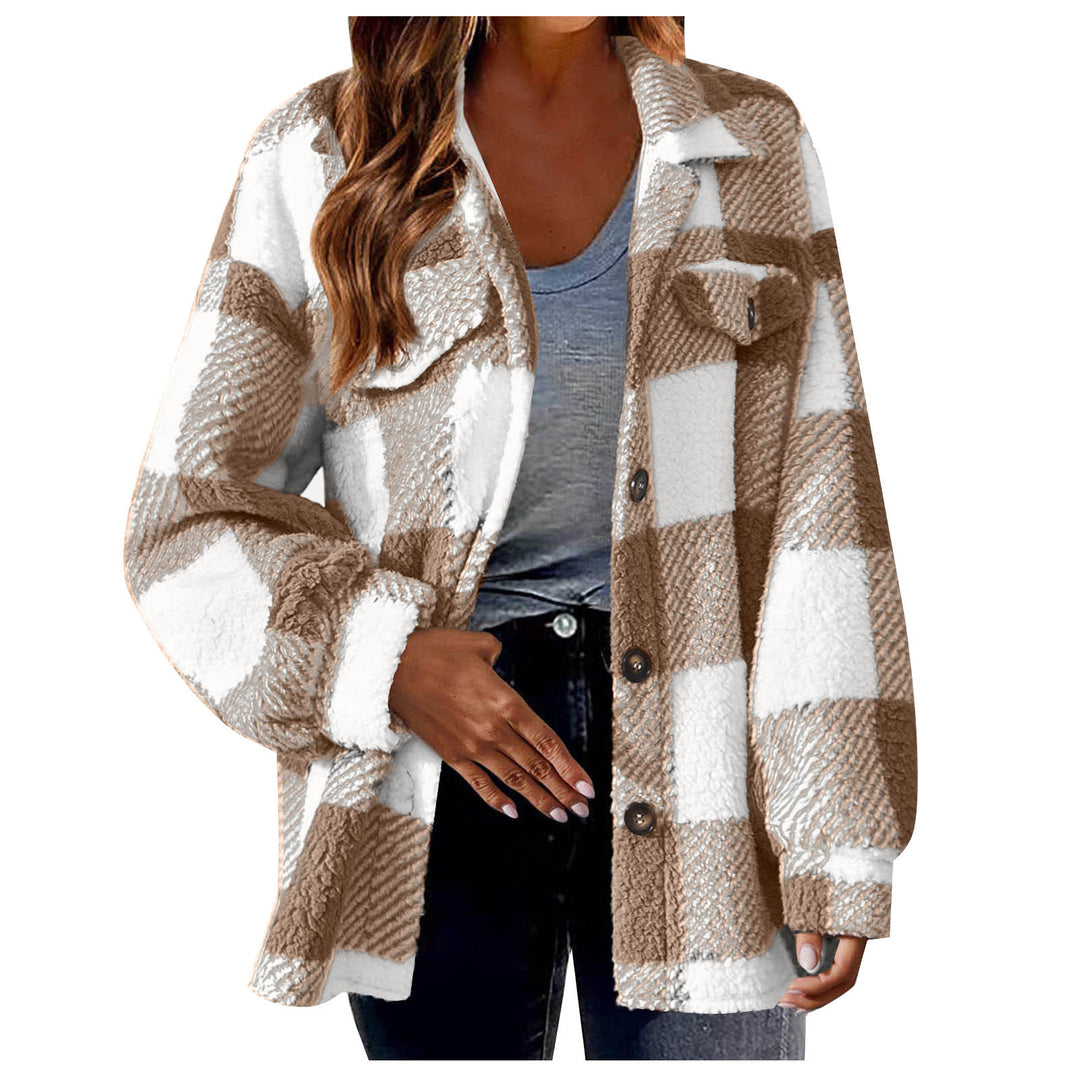 Women's cozy Sherpa check transitional jacket with chest pockets and generous oversized cut Mune Fashion