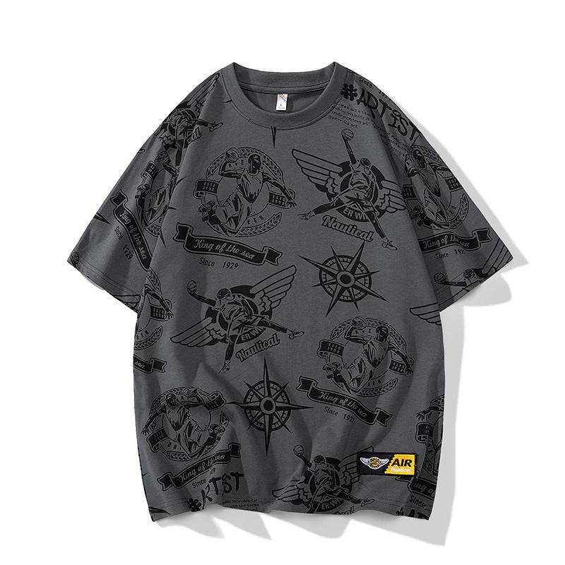 Men's Oversize Print T-Shirt with Allover Nautical Logos and Crew Neck Mune Fashion