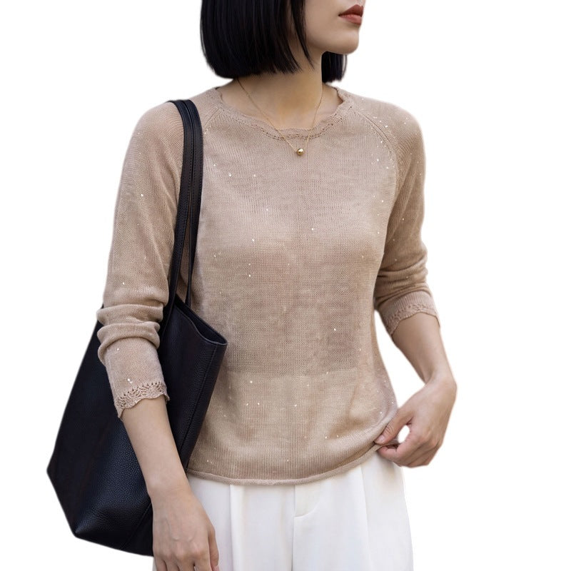 Women lightweight fine knit sweater with subtle glitter look and raglan sleeves Mune Fashion