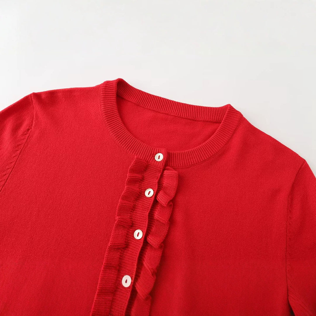 Women’s fine knit cardigan with ruffled front and flounce sleeves Mune Fashion