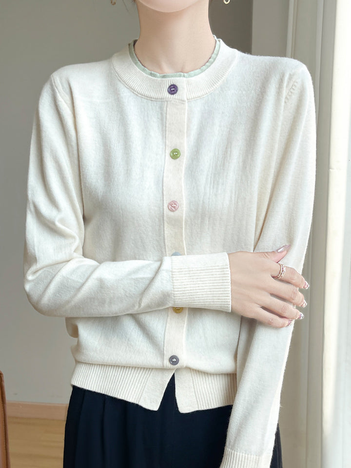 Women's Lightweight Fine Knit Cardigan with Round Neckline and Colorful Buttons Mune Fashion