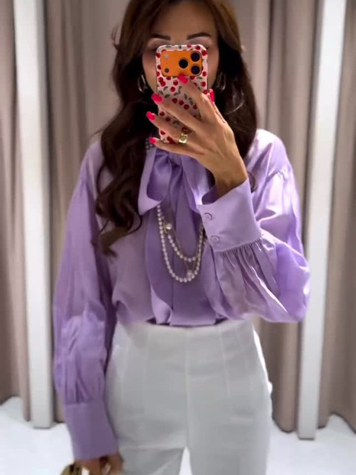 Women's Satin Bow Blouse with Balloon Sleeves & Wide Cuffs Mune Fashion