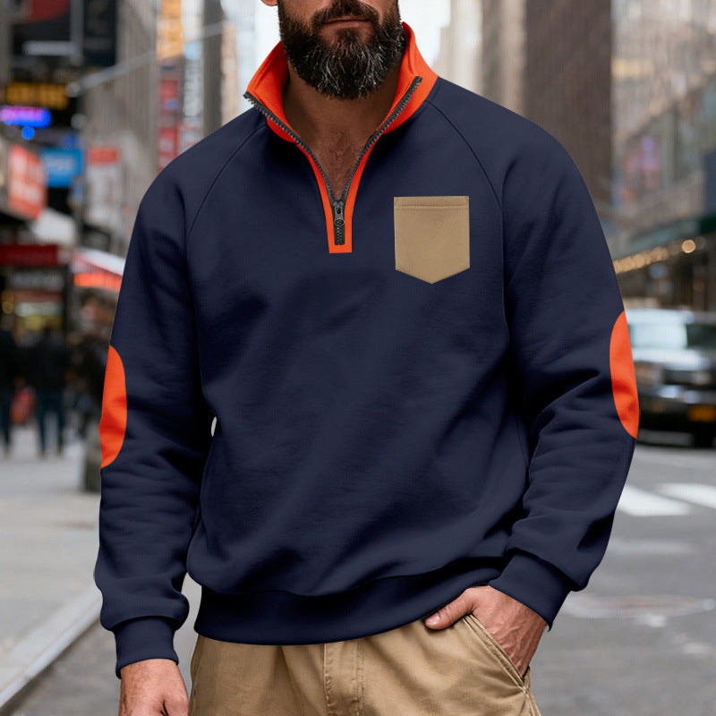 Men's Nan Quarterzip Sweatshirt with Stand-Up Collar, Contrasting Zipper, Elbow Patches, and Chest Pocket Mune Fashion