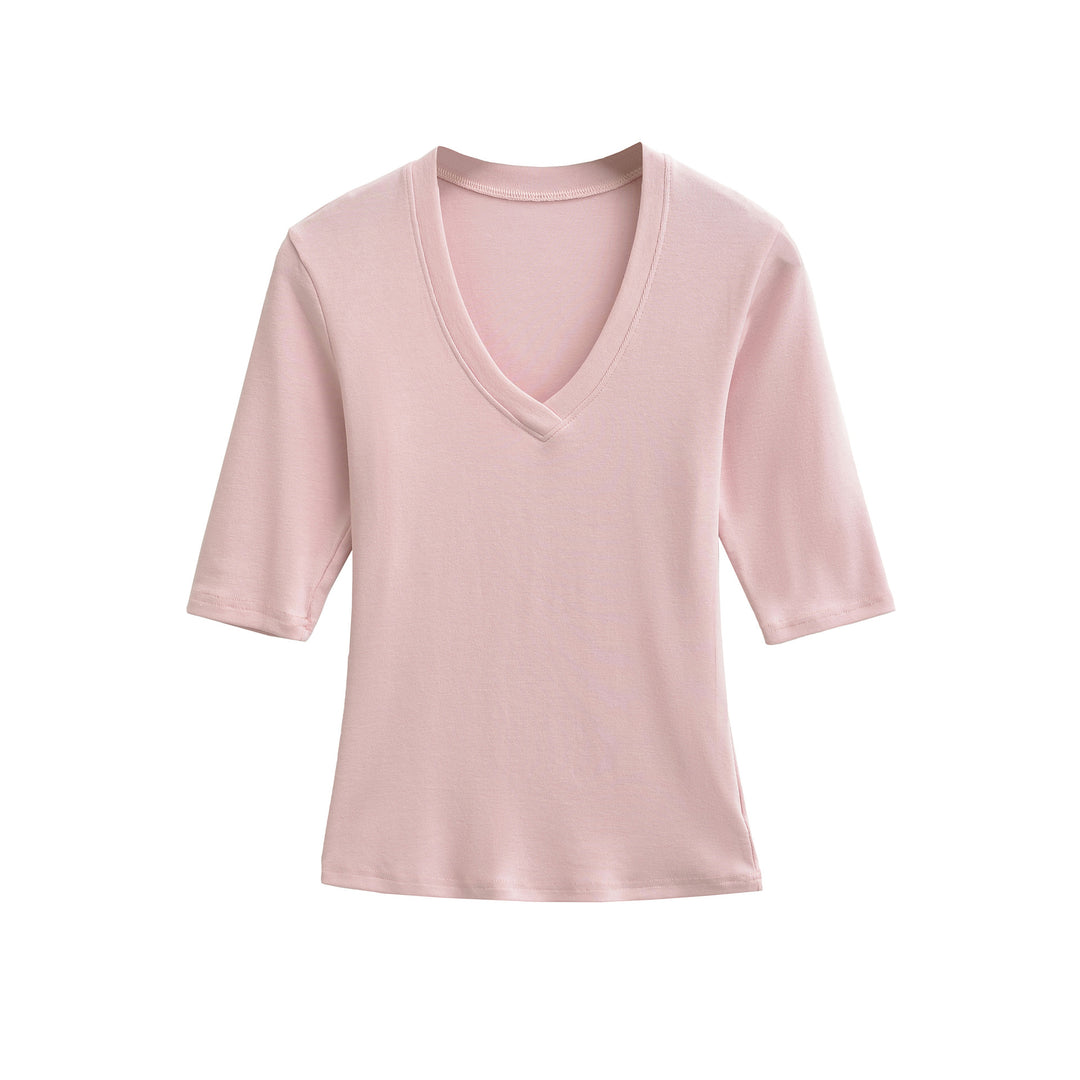 Women's Fitted V-Neck Three-Quarter Sleeve Fine Rib Top made of Stretch Jersey Mune Fashion