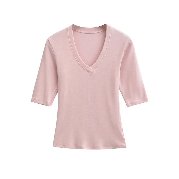 Women's Fitted V-Neck Three-Quarter Sleeve Fine Rib Top made of Stretch Jersey Mune Fashion