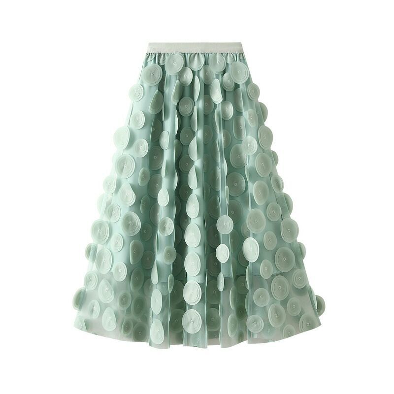 Women's flared midi skirt with transparent 3D appliqués and elastic waistband Mune Fashion