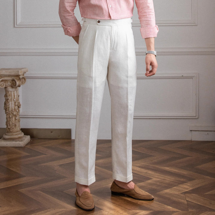 Men's linen pants with high waist, pleats and adjustable side tab Mune Fashion