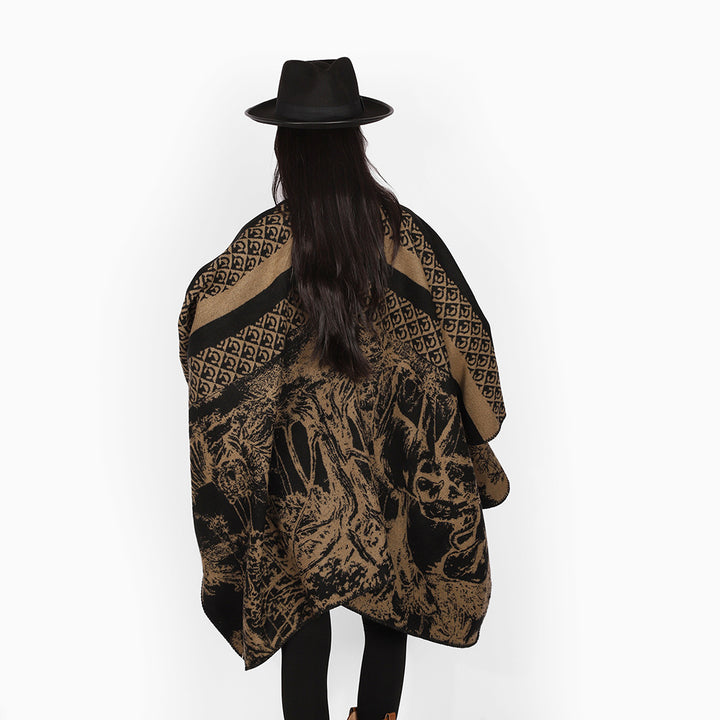 Women's Luxurious Jacquard Pattern Poncho with Asymmetrical Pointed Hem
