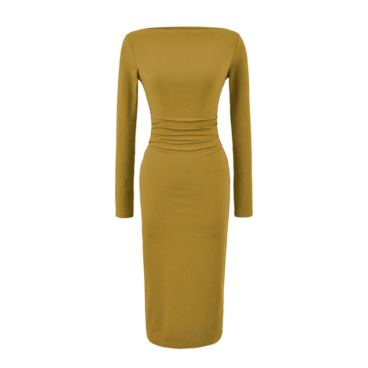 Women Figure-hugging Midi Dress with Gathering and Boat Neck Mune Fashion