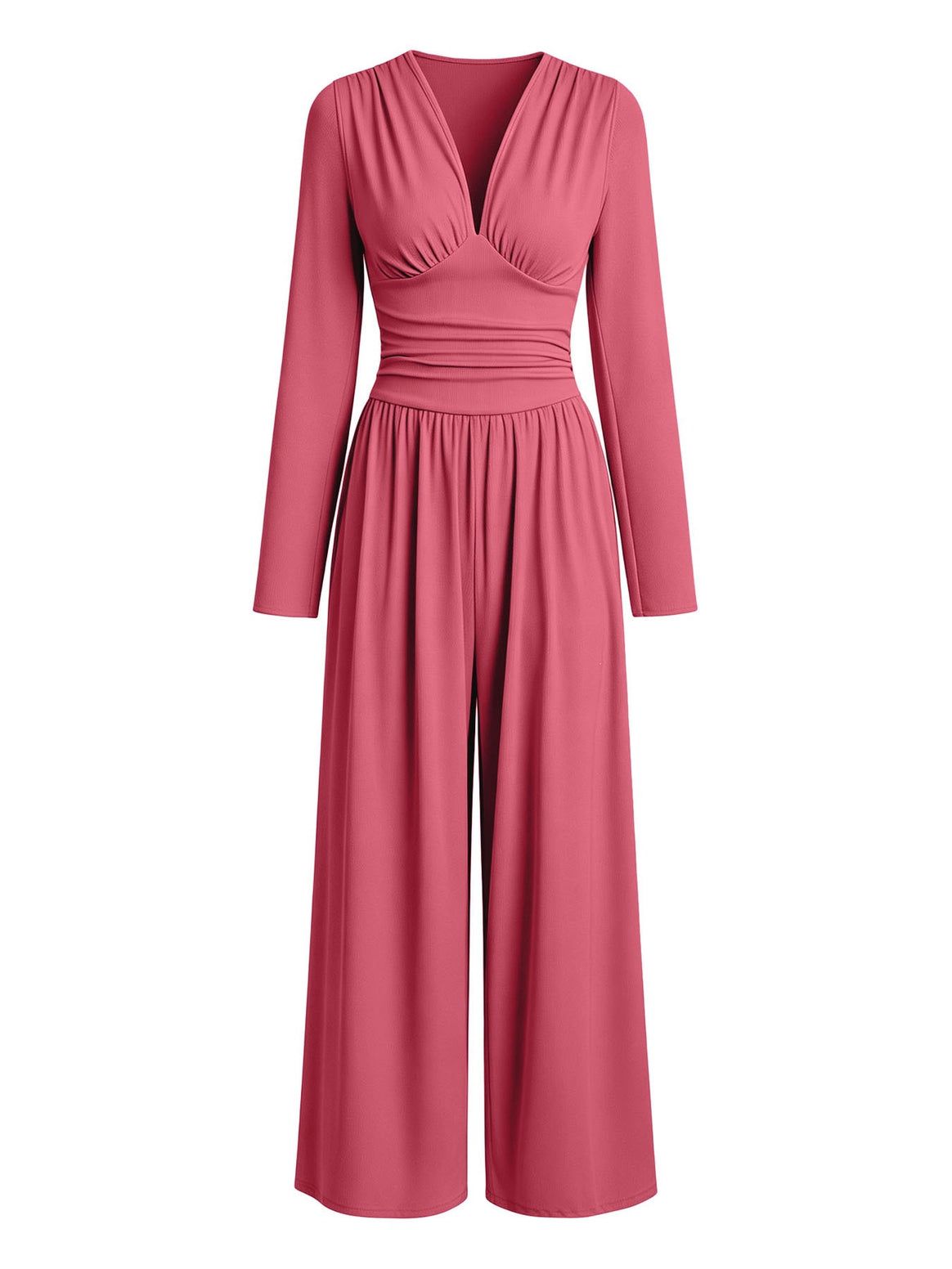 Ladies Elegant V-Neck Jumpsuit with Fitted Wrap Waist and Wide Leg Mune Fashion
