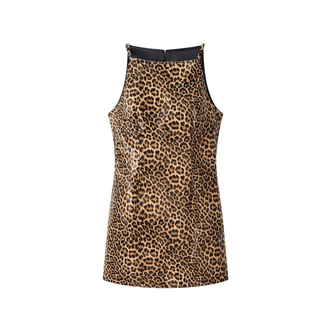 Women's Leopard Mini Dress with Thin Straps and High Neckline Mune Fashion
