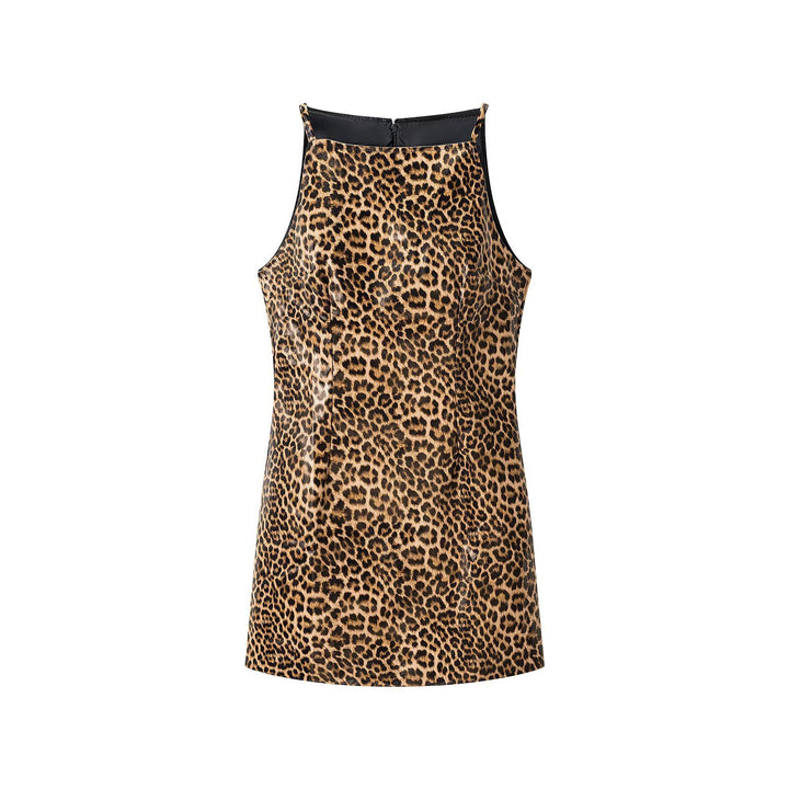 Women's Leopard Mini Dress with Thin Straps and High Neckline Mune Fashion