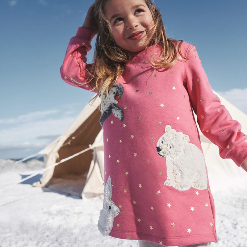 Girl Long Sleeve Dress with Cute Animal Motif Mune Fashion