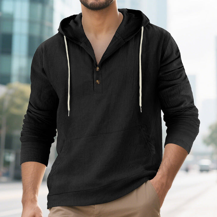 Men's Hoodie with Button Placket and Practical Pockets Mune