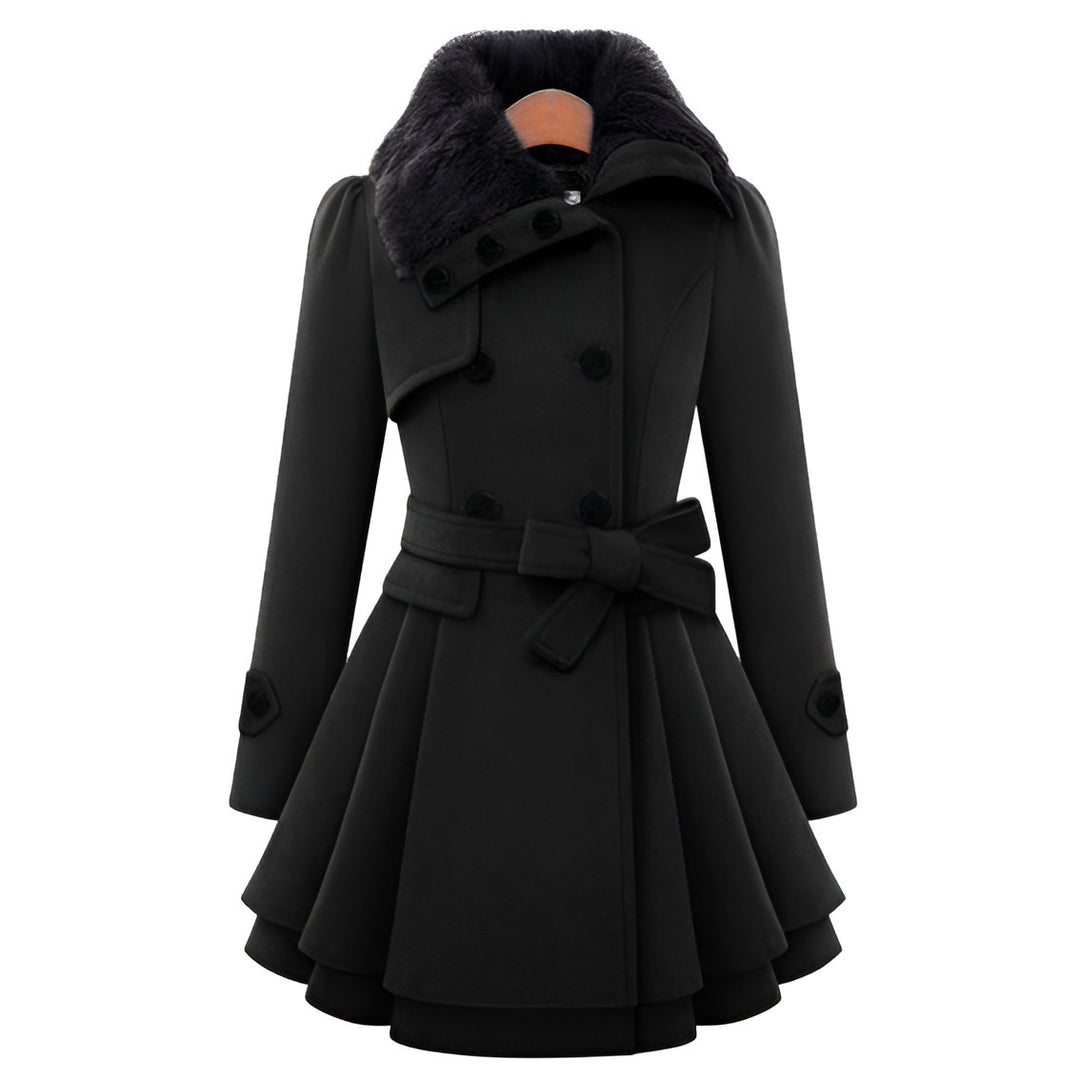Women's Tailored Wool Mix Coat with Flared Skirt and Faux Fur Collar Mune Fashion