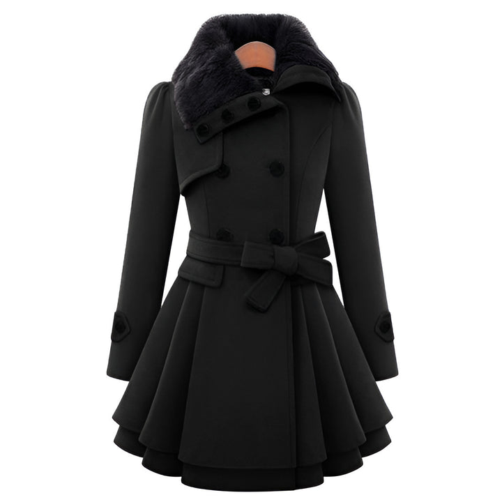Women's Tailored Wool Mix Coat with Flared Skirt and Faux Fur Collar Mune Fashion