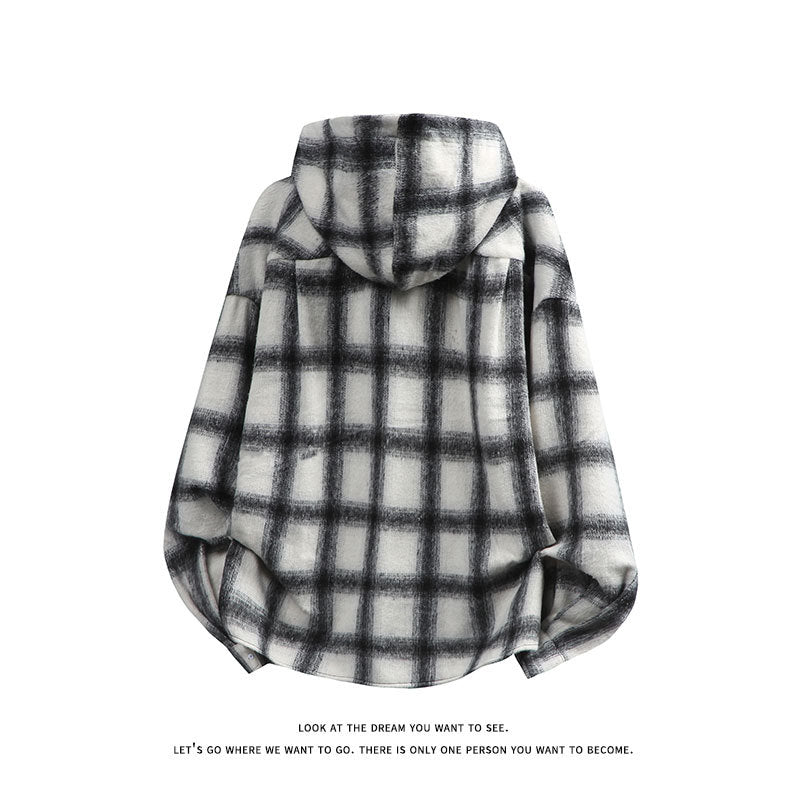Unisex oversized flannel hooded shirt jacket with check pattern and chest pocket Mune Fashion
