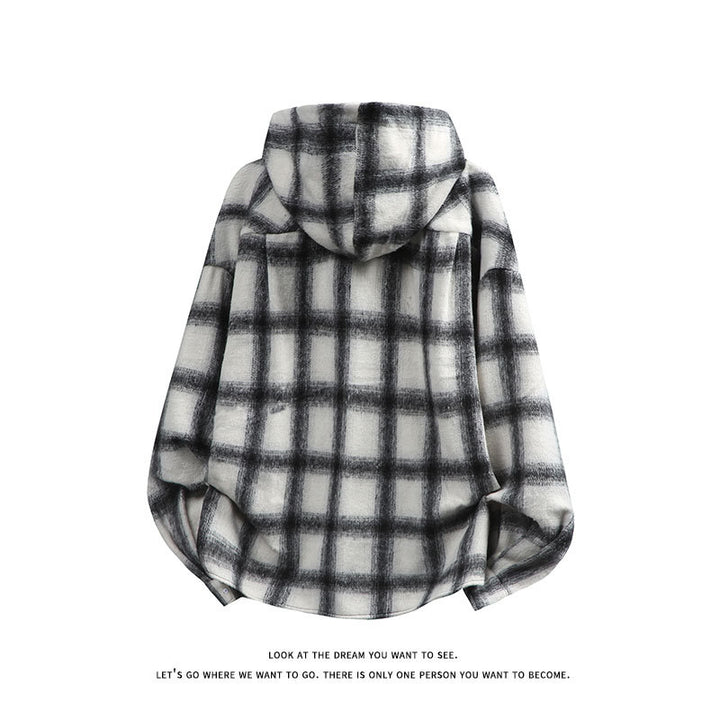 Unisex oversized flannel hooded shirt jacket with check pattern and chest pocket Mune Fashion