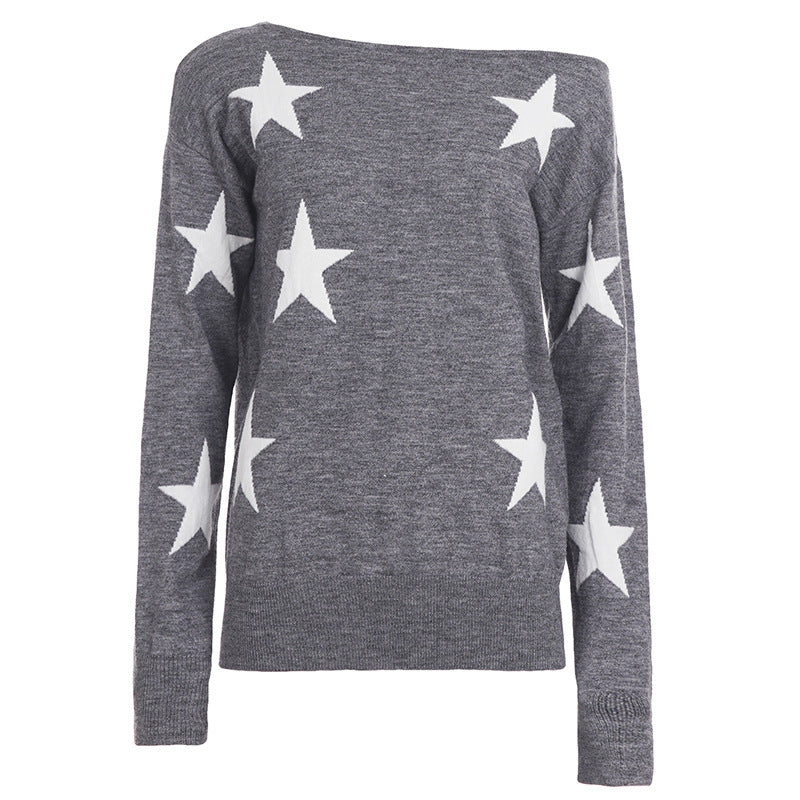 Women Off-Shoulder Oversized Knit Sweater with Star Pattern and Ribbed Hem Mune Fashion