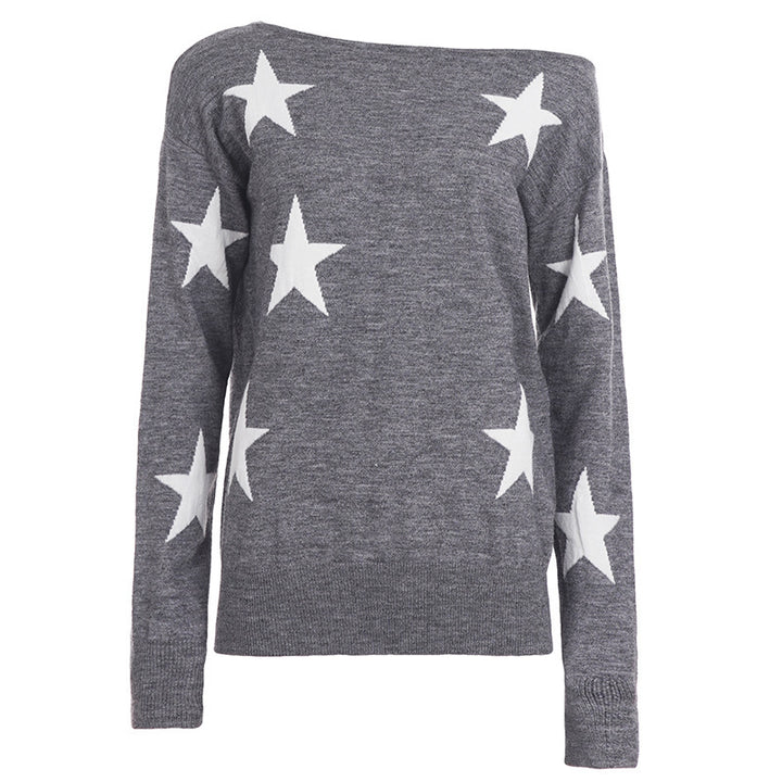 Women Off-Shoulder Oversized Knit Sweater with Star Pattern and Ribbed Hem Mune Fashion