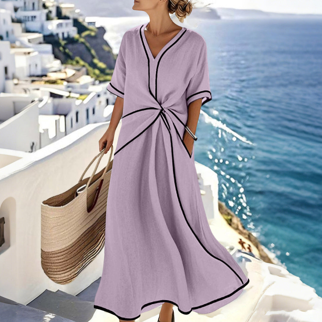 Women's Long A-Line Dress with V-Neck, Knot Detail and Contrast Piping Mune Fashion