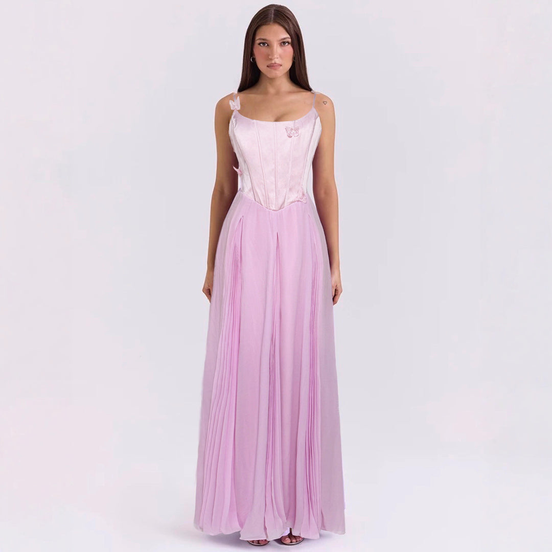 Women's bodycon corset maxi dress with butterfly straps and pleated chiffon skirt Mune Fashion