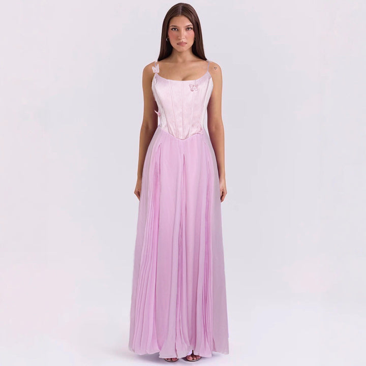 Women's bodycon corset maxi dress with butterfly straps and pleated chiffon skirt Mune Fashion