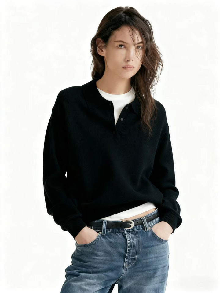 Women's fine-knit polo sweater with button placket and ribbed hem Drune