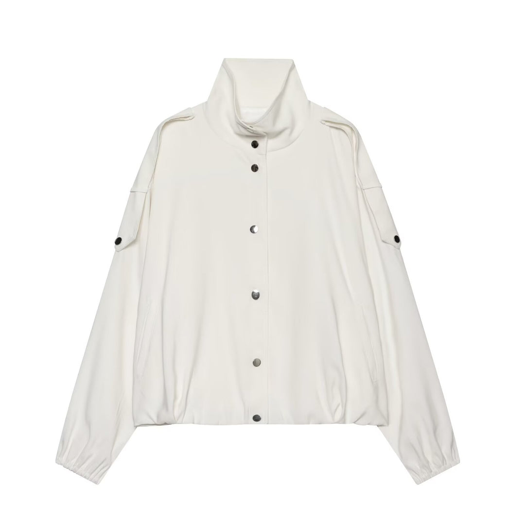 Women's Cropped Boxy Canvas Jacket with Funnel Neck, Snap Button Closure, and Shoulder Patches Mune Fashion