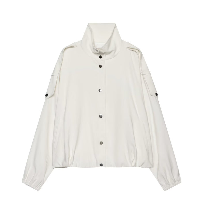 Women's Cropped Boxy Canvas Jacket with Funnel Neck, Snap Button Closure, and Shoulder Patches Mune Fashion