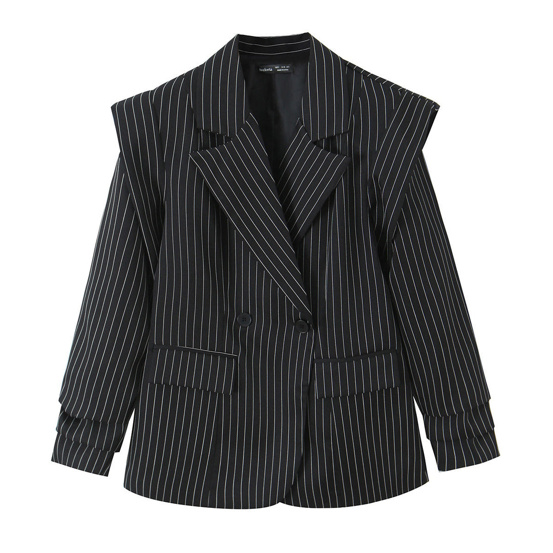 Women Double-breasted Oversized Blazer with Pinstripes and Distinctive Shoulder Pads Mune Fashion