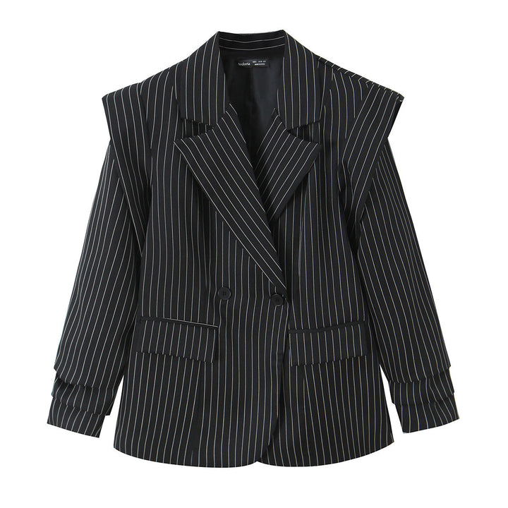 Women Double-breasted Oversized Blazer with Pinstripes and Distinctive Shoulder Pads Mune Fashion