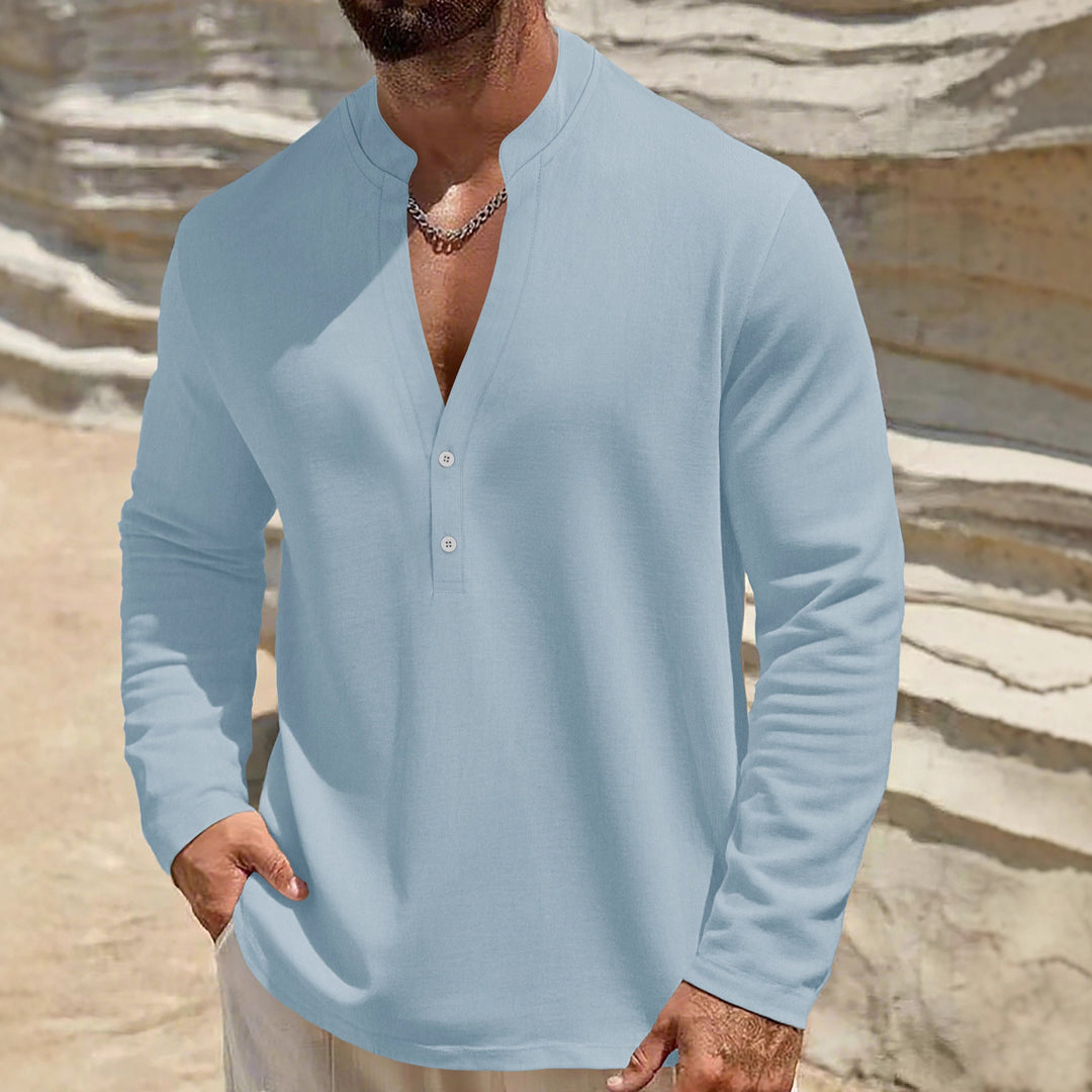 Men's loose-fitting tunic shirt with mandarin collar, two-button Henley placket, and light texture Mune Fashion