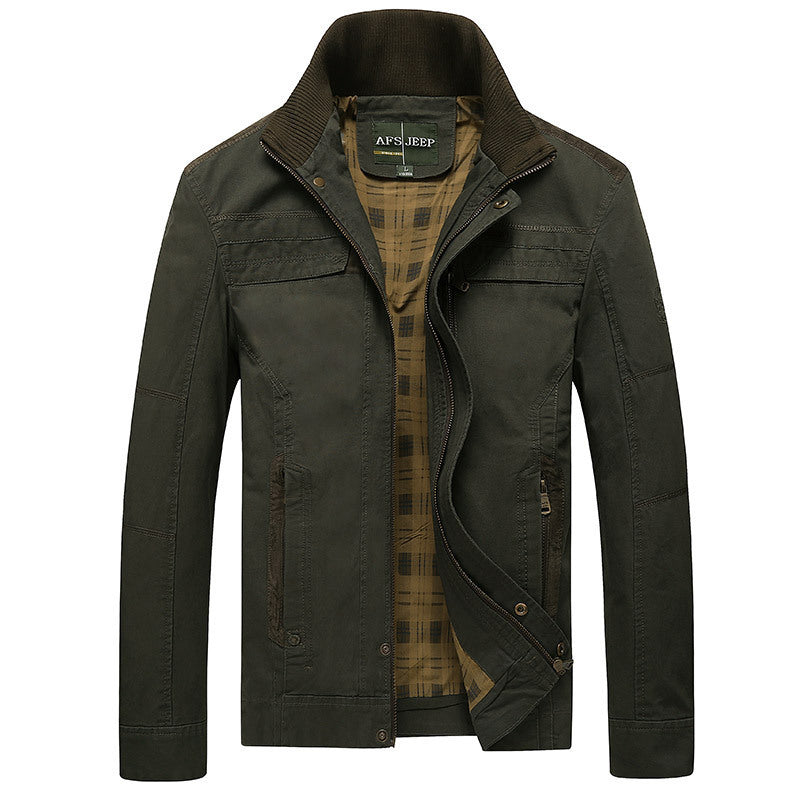 Men's canvas transition jacket with ribbed collar, concealed zipper, and checkered lining Mune Fashion