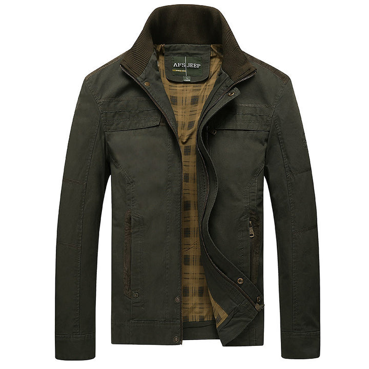 Men's canvas transition jacket with ribbed collar, concealed zipper, and checkered lining Mune Fashion