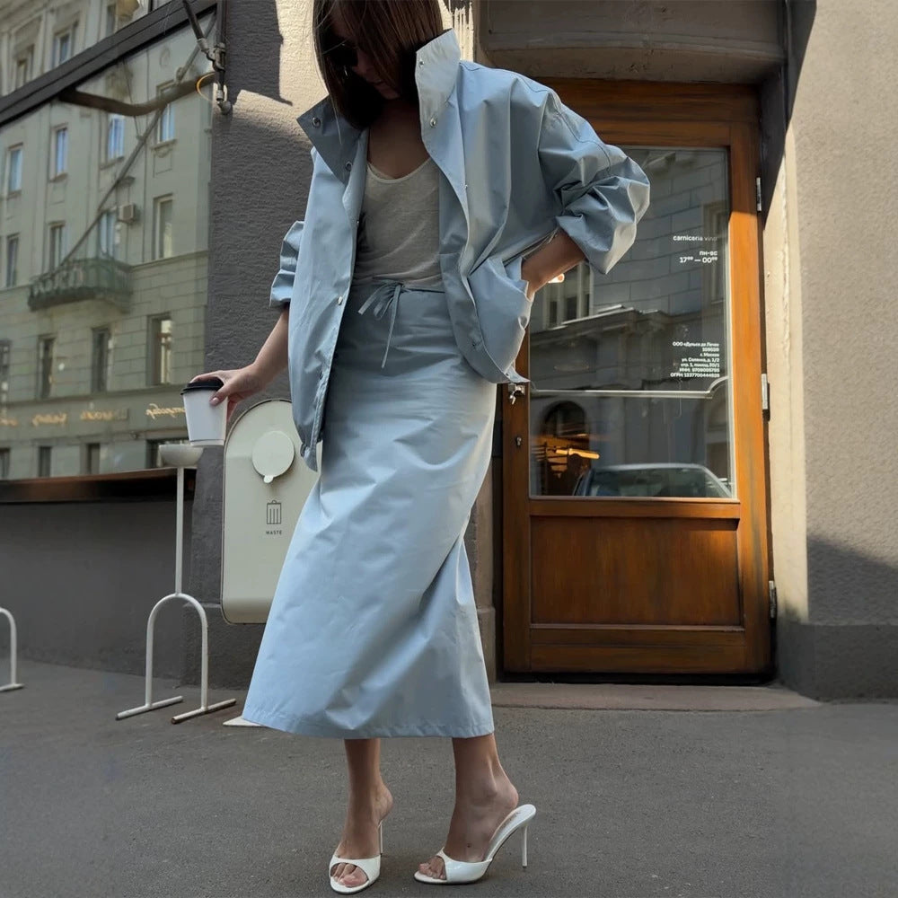 Women's Two-Piece Co-Ord Set made of Lightweight Windbreaker with Drawstring and Tailored Maxi Skirt Mune Fashion