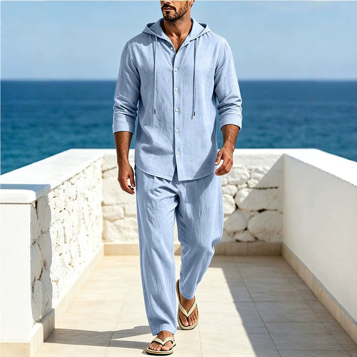 Men's Breathable Cotton Gauze Loungewear Set with Hooded Shirt and Loose Summer Pants Mune Fashion