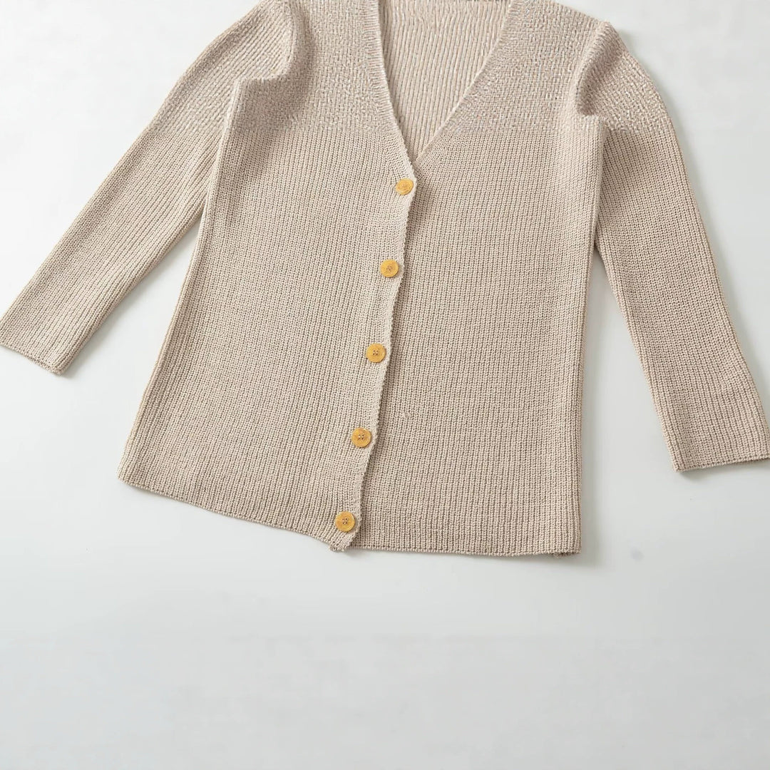 Women Longline Knit Cardigan with V-Neck and Wooden Buttons Drune