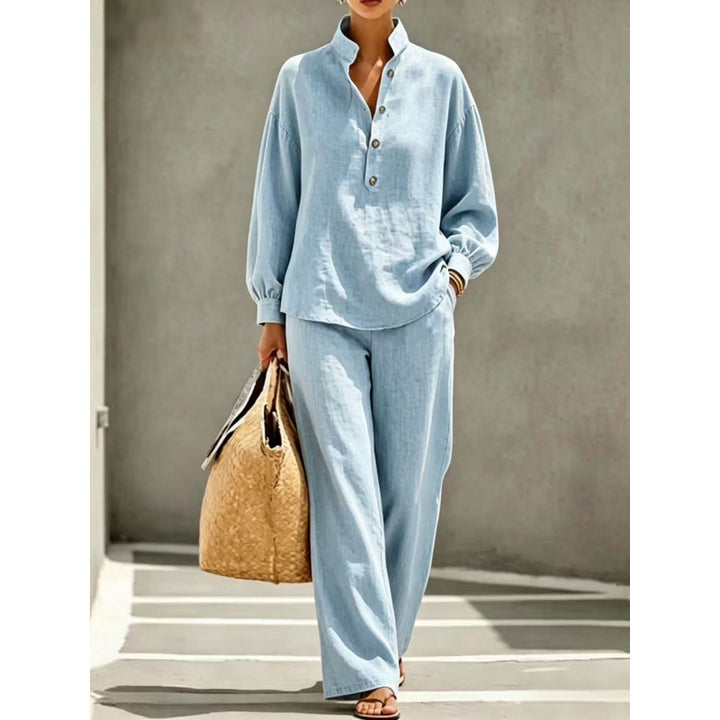 Women's Light Linen Look Two-Piece Set with Stand Collar Henley Blouse and Wide Palazzo Pants Mune Fashion