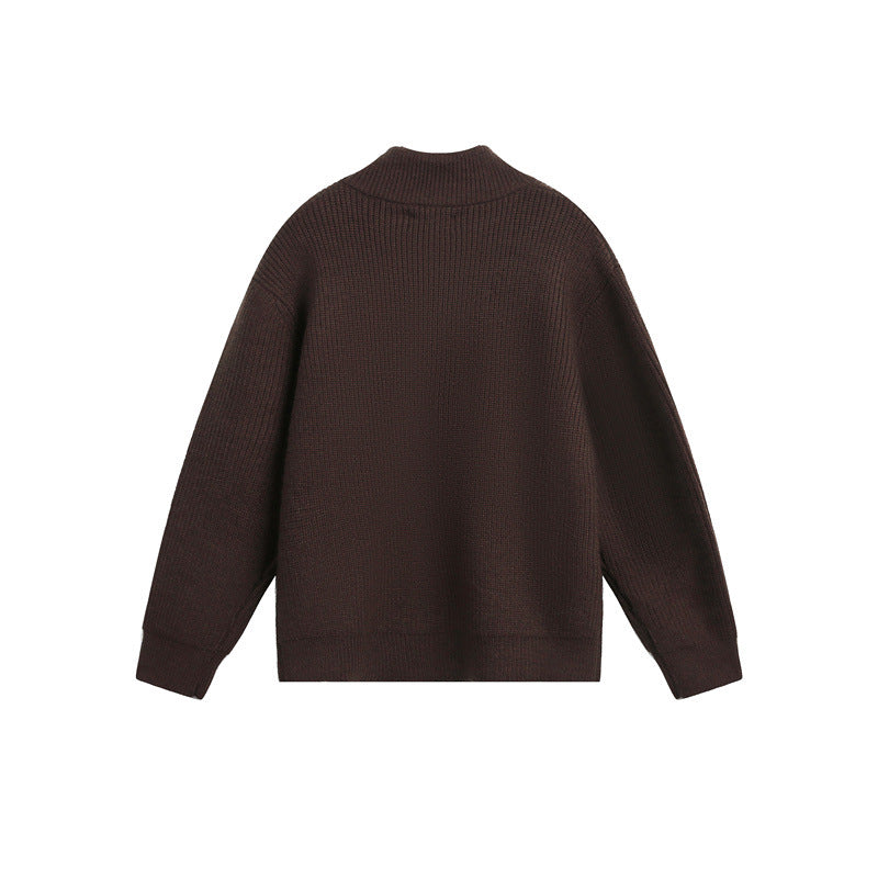 Unisex chunky knit pullover with half zipper and stand-up collar Mune Fashion
