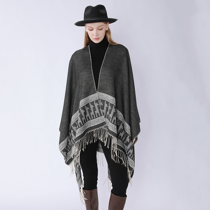 Ladies cape poncho made of fine wool blend with ornamental border edge and pointed hem Mune Fashion